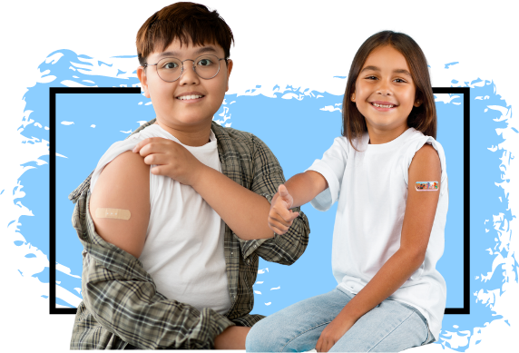 Image has a preteen boy and girl showing they got vaccinated. Both are smiling. 